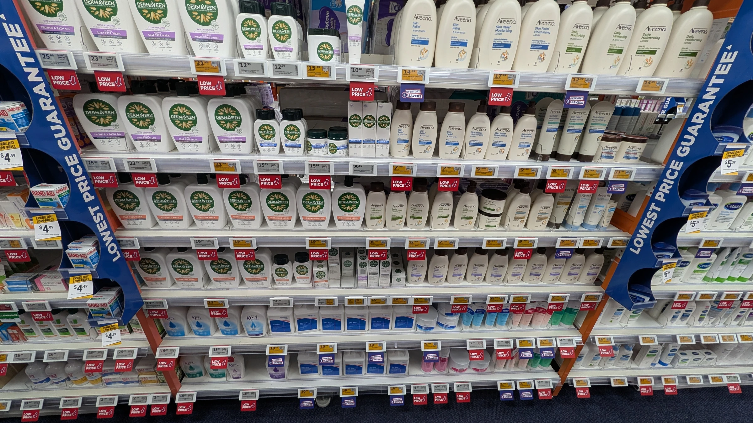 Electronic shelf labels displaying prices beneath skincare products on pharmacy shelves